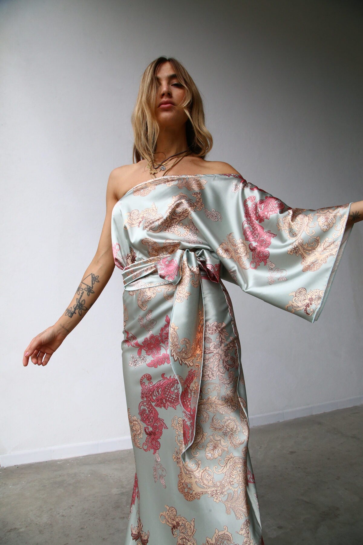 P5175 ABITO LUNGO MONOSPALLA  GONNA COLONNA FANTASIA CASHMERE VERDE SPACCO 3/4