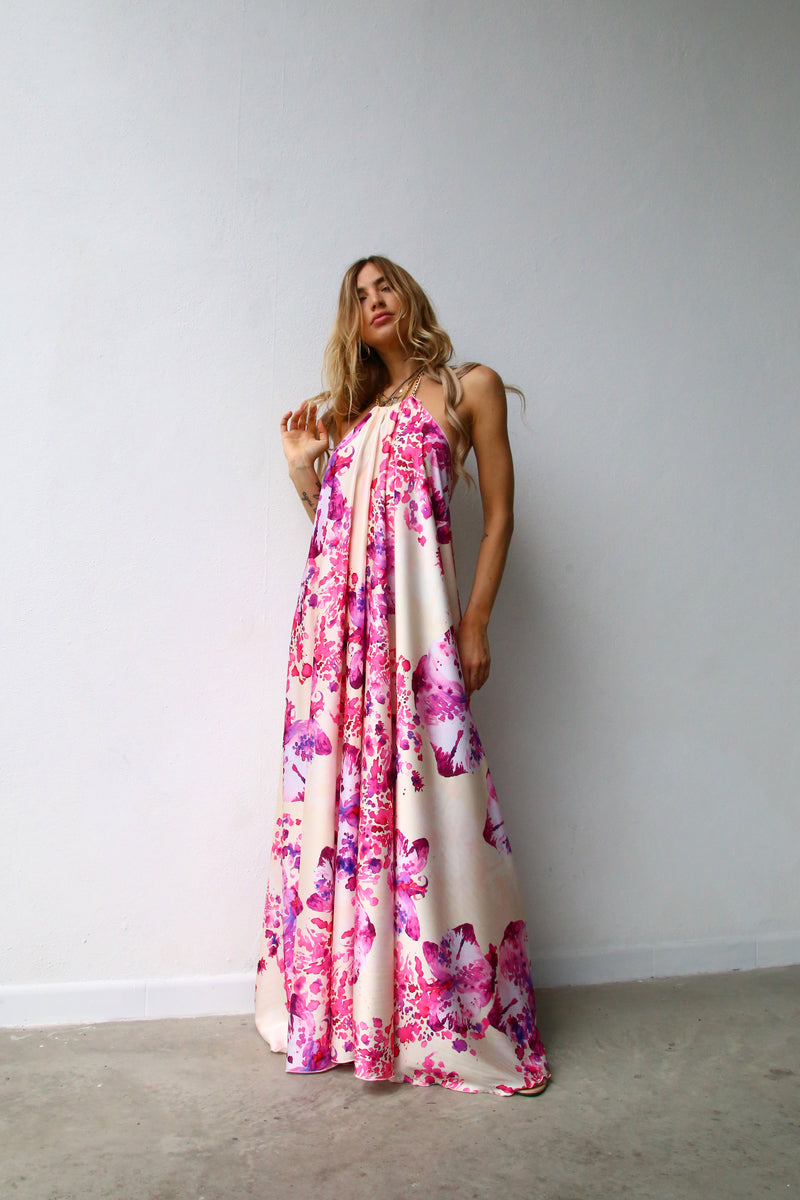 F1156 ABITO LUNGO ALL'AMERICANA CON CATENA ORCHIDEE FUCSIA