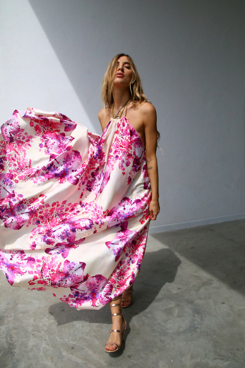 F1156 ABITO LUNGO ALL'AMERICANA CON CATENA ORCHIDEE FUCSIA