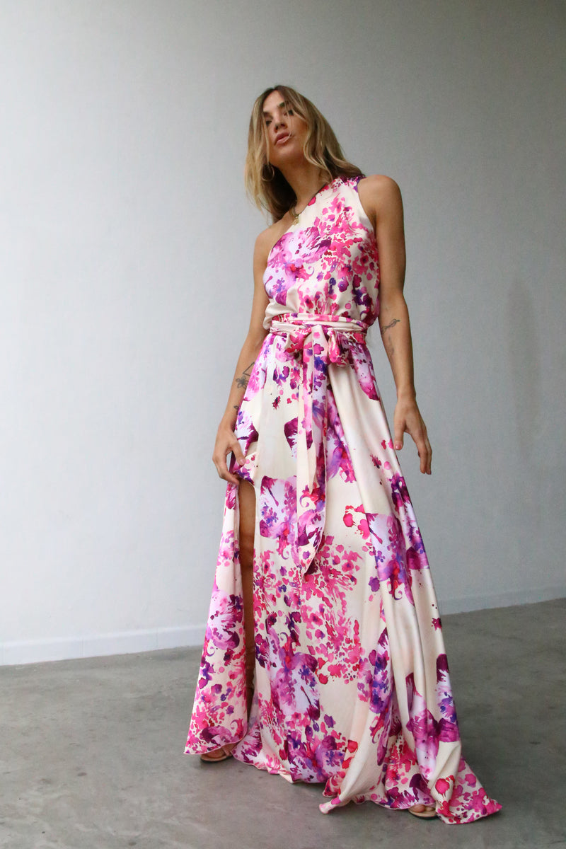P3160 ABITO LUNGO MONOSPALLA CON CINTURA ORCHIDEE FUCSIA