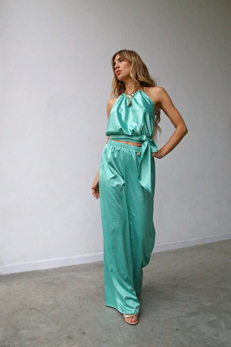 P3052 PANTALONI SCAMPANATI VERDE ACQUA