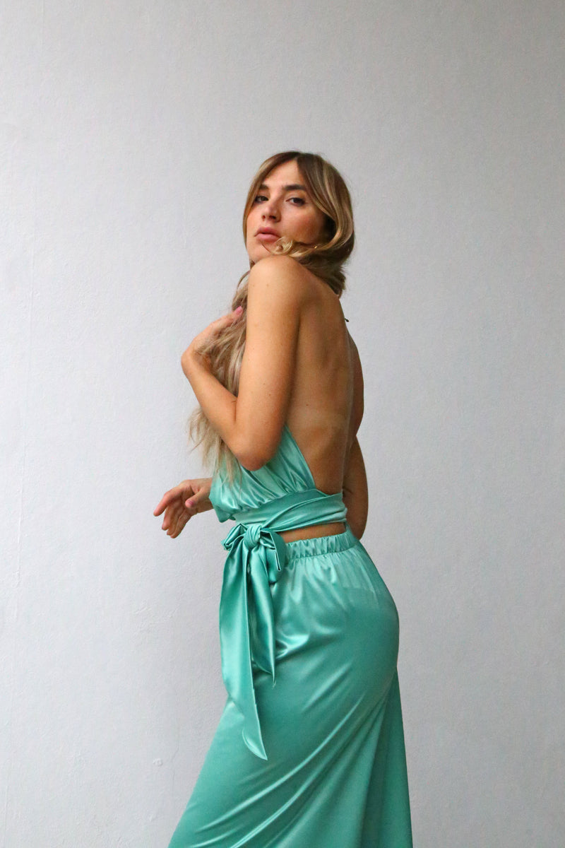 P3052 PANTALONI SCAMPANATI VERDE ACQUA