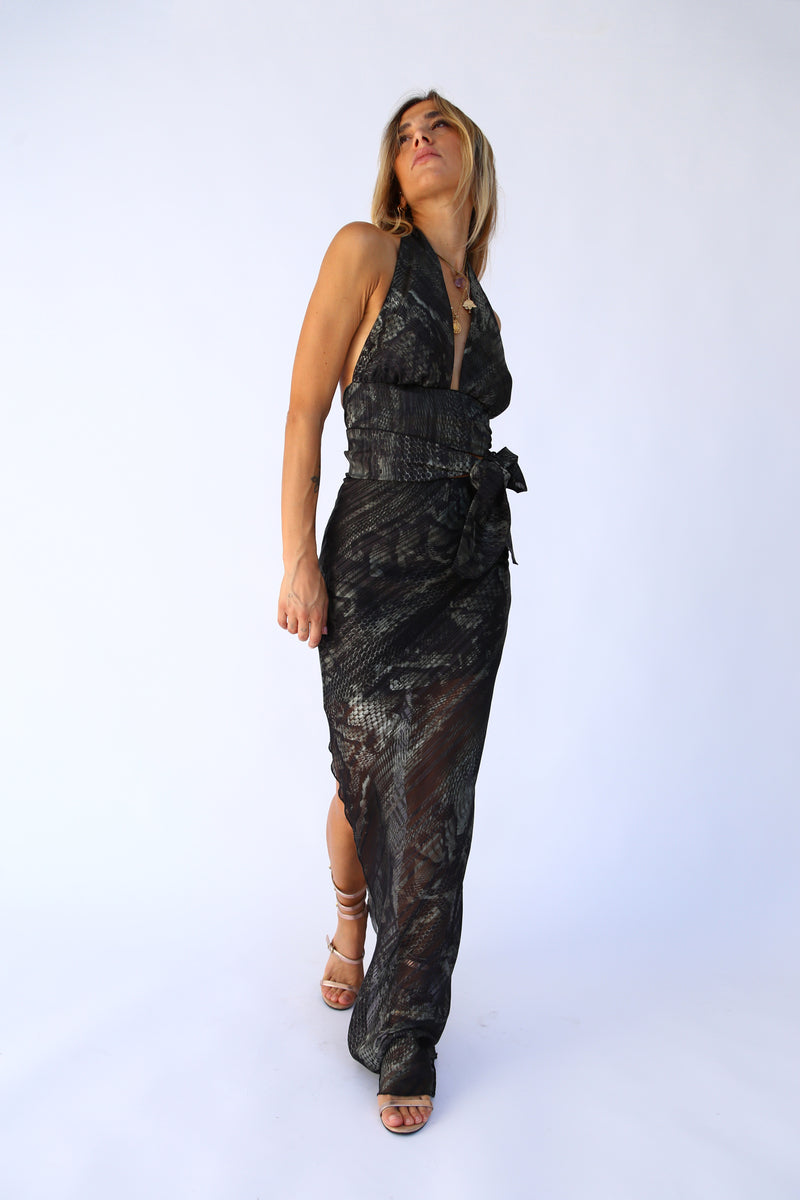 Gonna lunga colonna con spacco devoiree lurex serpente verde