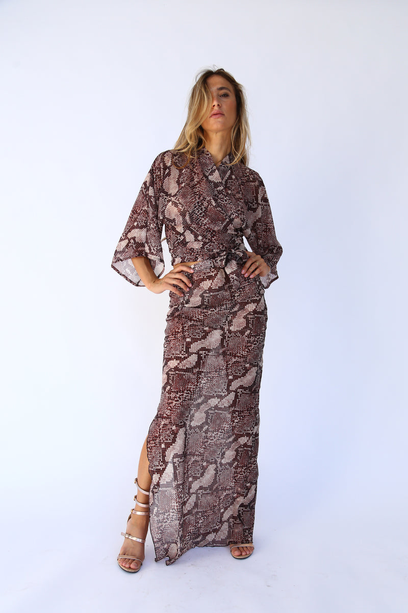 Gonna lunga colonna con spacco voile serpente marrone