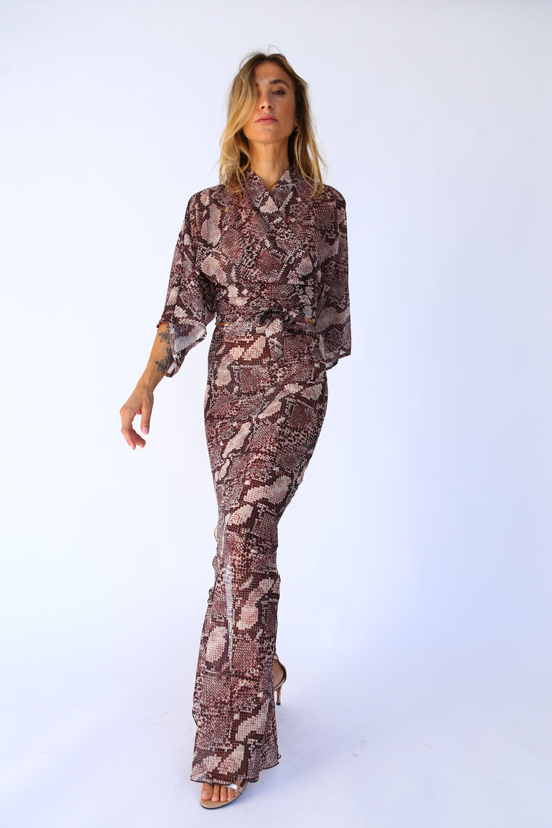 Gonna lunga colonna con spacco voile serpente marrone