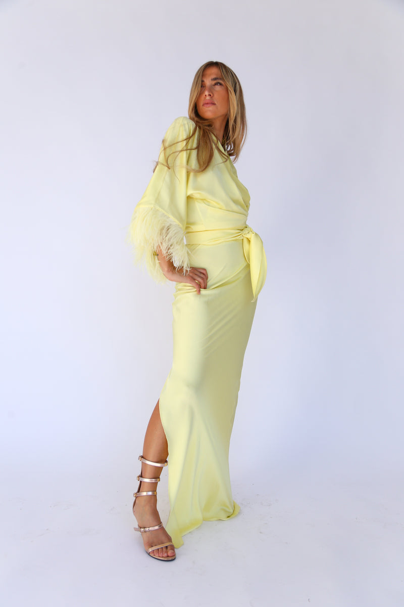 F4064 COLUMN MAXI SKIRT WITH SLIT BROWN PALM TREES