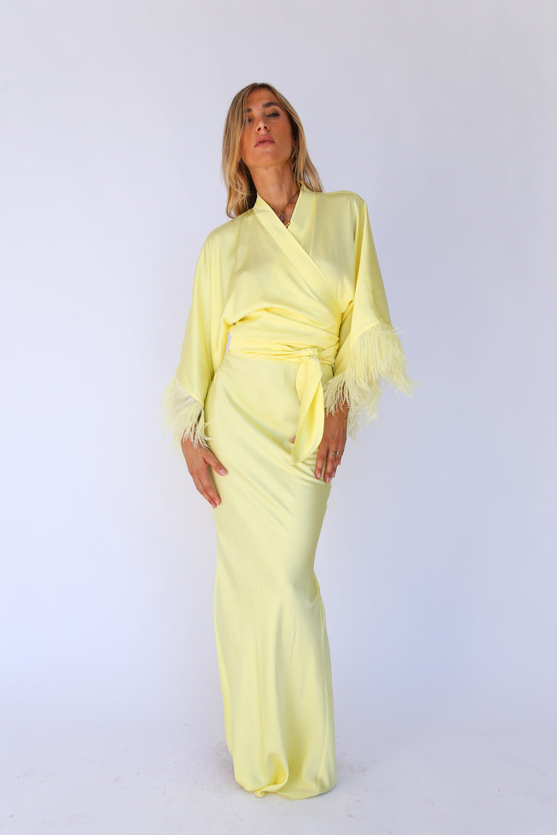 Kimono shirt with sash and viscose feathers yellow