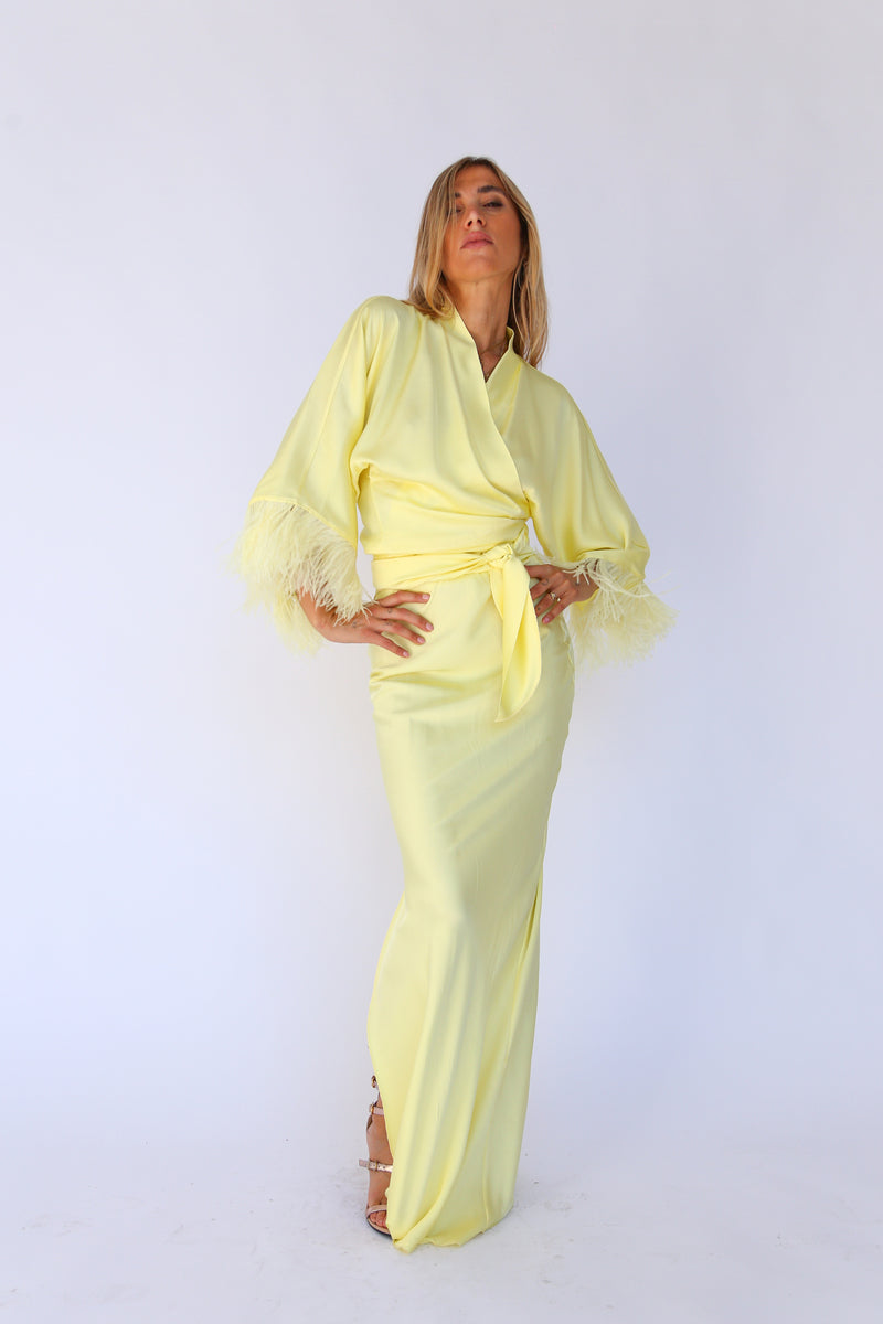 Kimono shirt with sash and viscose feathers yellow